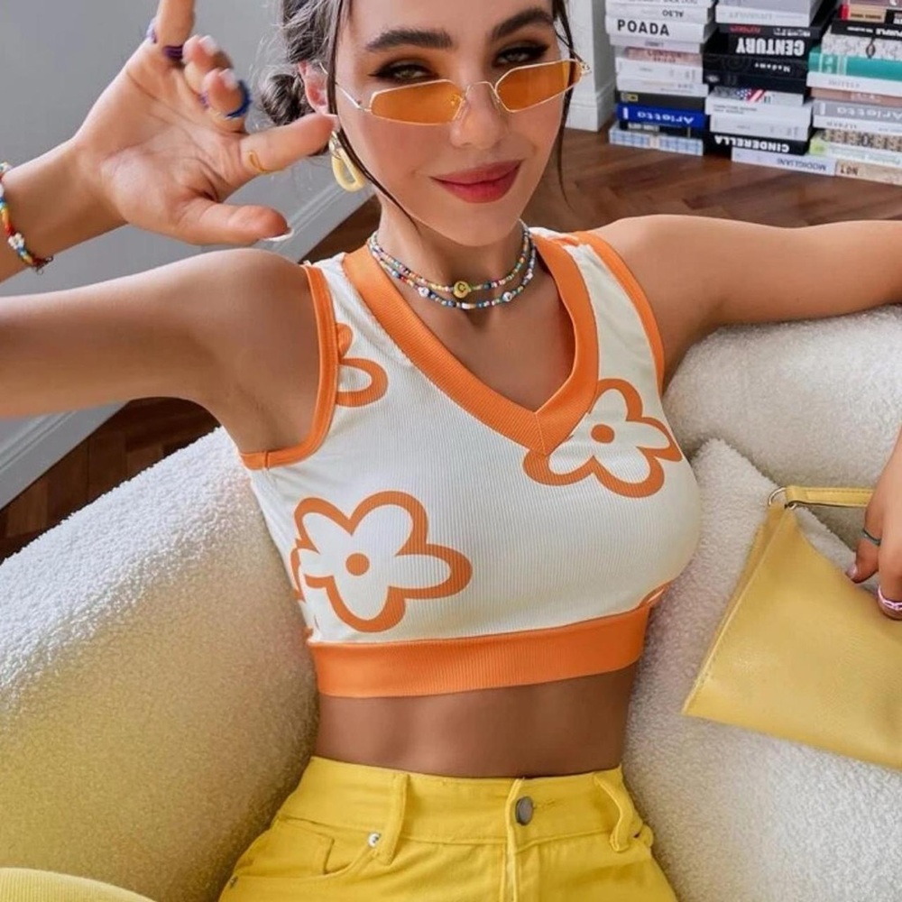Retro Orange Floral Crop Top